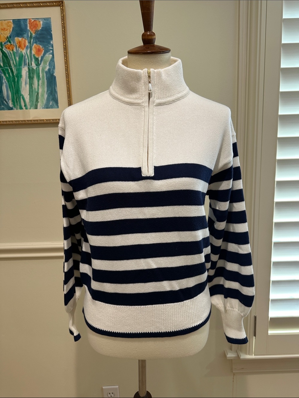 J. Crew Factory Navy and White Striped Half-Zip Funnel Sweater